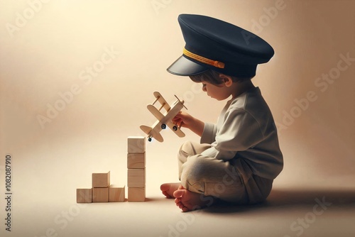 Boy in a pilot's hat playing with a wooden plane. Drawn image