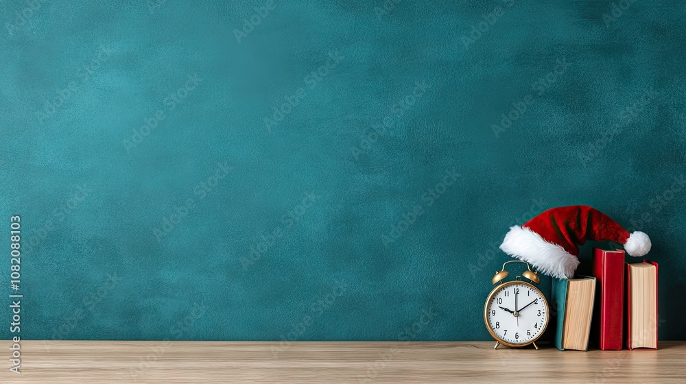 Festive holiday theme featuring books, a cheerful alarm clock, and a cozy Santa hat on a rustic wooden table setting Festive holiday theme featuring books, a cheerful alarm clock, and a cozy Santa hat on a rustic wooden table setting
