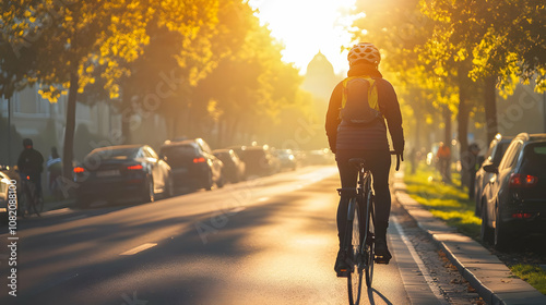 Photo Golden Hour Bike Commute Urban Cycling City Street Sunset