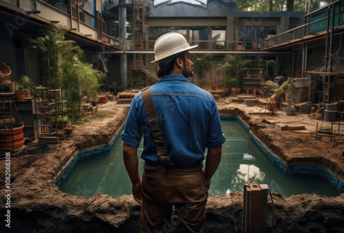 Construction worker observing site progress, surrounded by materials and machinery, under natural light.