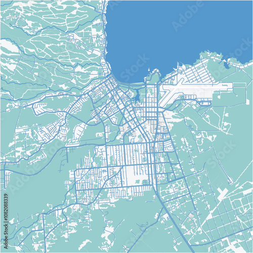 Map of Hilo in Hawaii in a professional blue style. Contains layered vector with roads water, parks, etc.