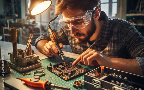 Service engineer, man repairing printed circuit board with soldering iron, component replacement