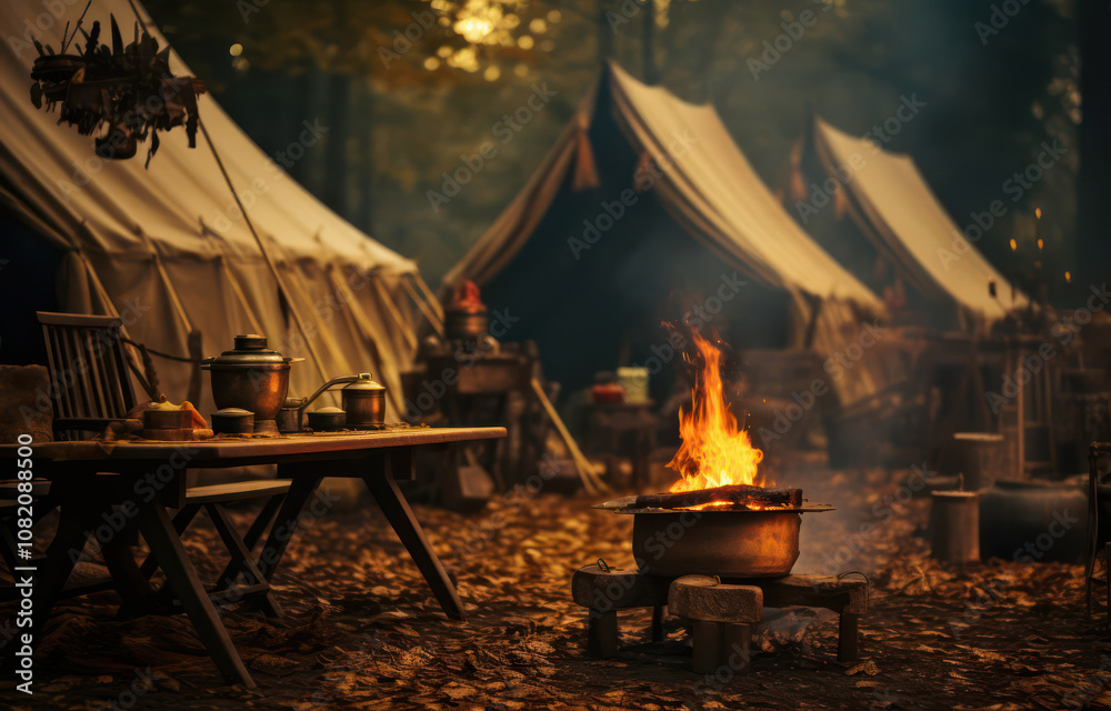 Campfire surrounded by tents in a serene autumn forest, perfect for outdoor adventures and relaxation..
