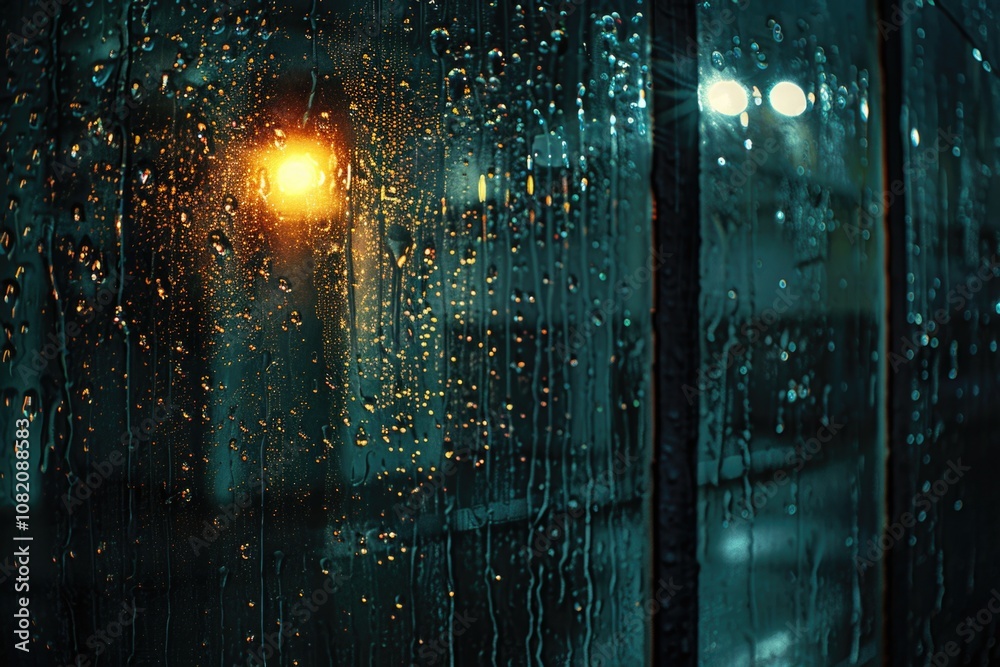 Naklejka premium A rainy street light viewed from indoors through a window, suitable for weather or urban-themed scenes