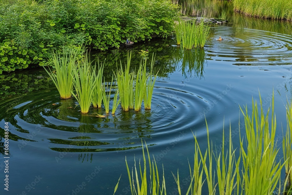 Obraz premium Calm Pond Reflections Surrounded by Lush Greenery and Gentle Water Ripples