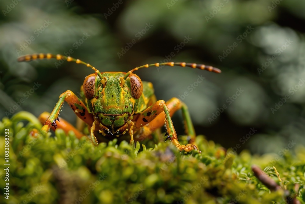 Naklejka premium A close-up shot of a grasshopper sitting on a mossy surface