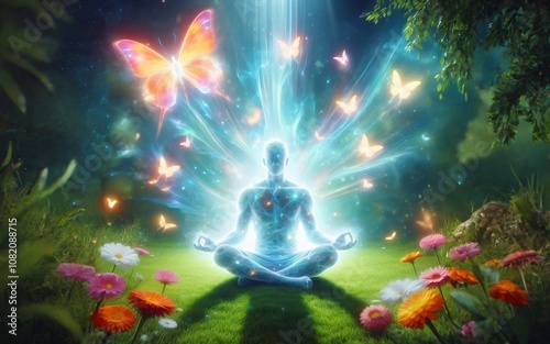 Man in yoga pose meditating, achieving zen, understanding the universe, flowers and nature
