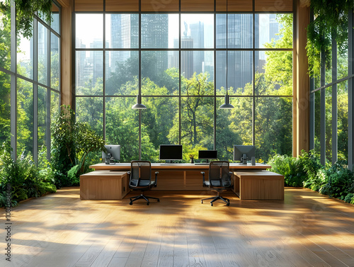 3D Illustration Modern Office Interior Design Biophilic Design, Wood, Plants, Natural Light