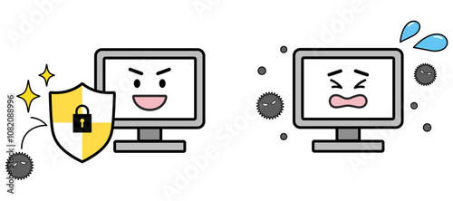 ウイルスパソコンとセキュリティソフトパソコンのイラスト