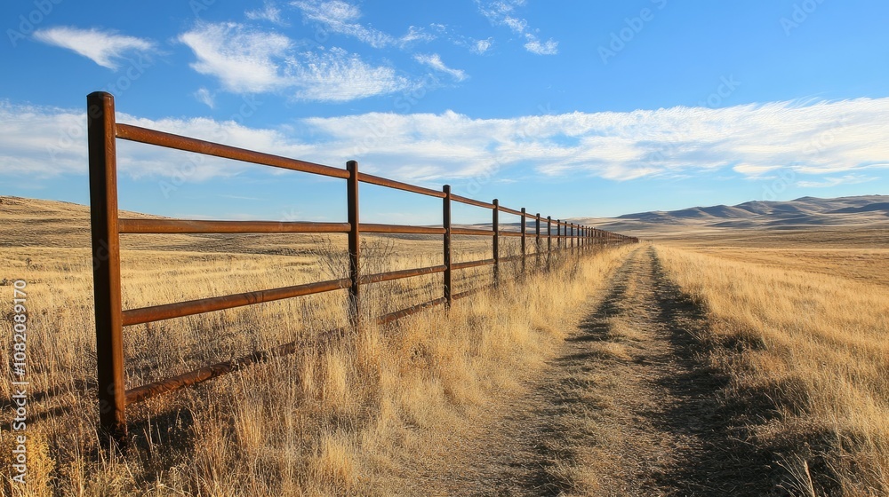 Perspective shot of a long metal fence stretching into the distance, evoking a sense of restriction. Perspective shot of a long metal fence stretching into the distance, evoking a sense of restriction.