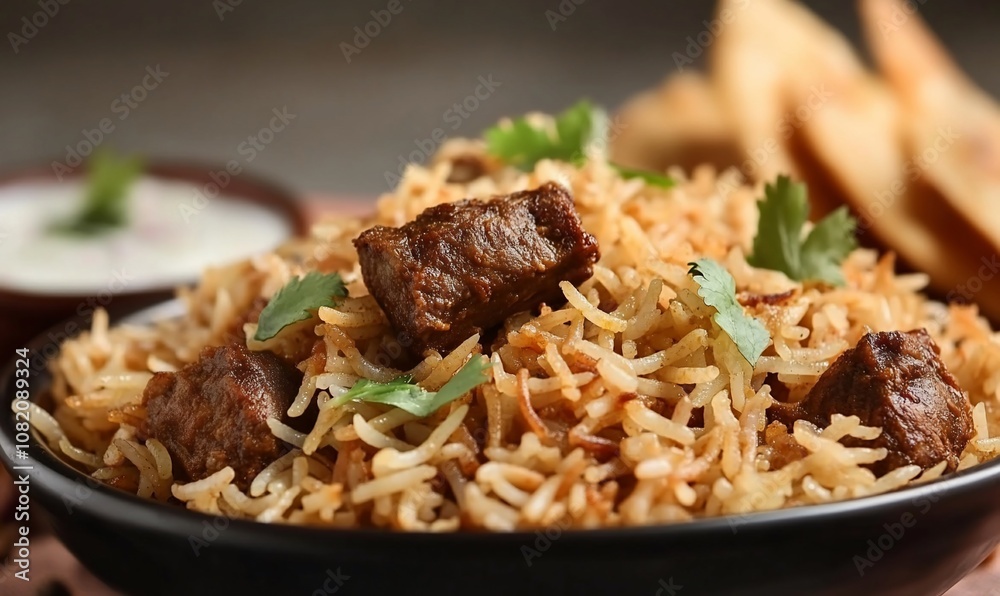 A delicious plate of biryani with beef and garnished with herbs. A delicious plate of biryani with beef and garnished with herbs.
