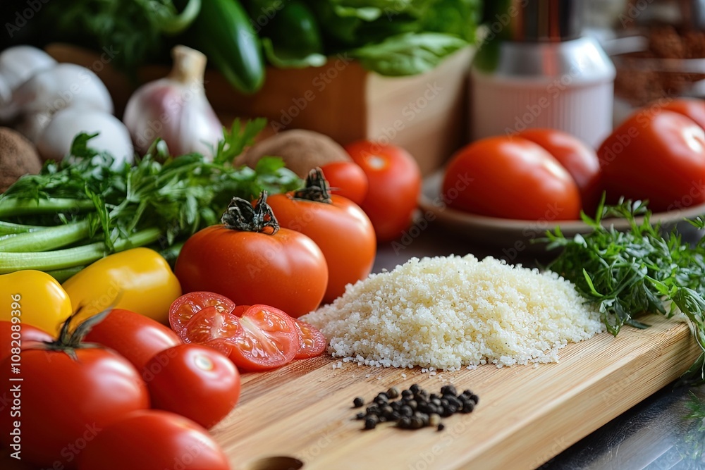 Fresh Vegetables and Herbs Arranged on a Wooden Cutting Board Ready for a Healthy Meal Preparation Fresh Vegetables and Herbs Arranged on a Wooden Cutting Board Ready for a Healthy Meal Preparation