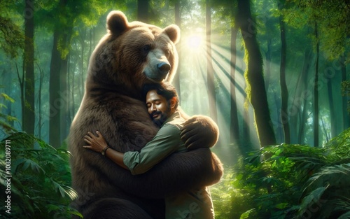 Man hugging bear in forest. Wild bear and human