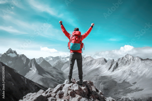 Hiker triumphantly standing on a mountain peak, embracing nature with a breathtaking view of the landscape.