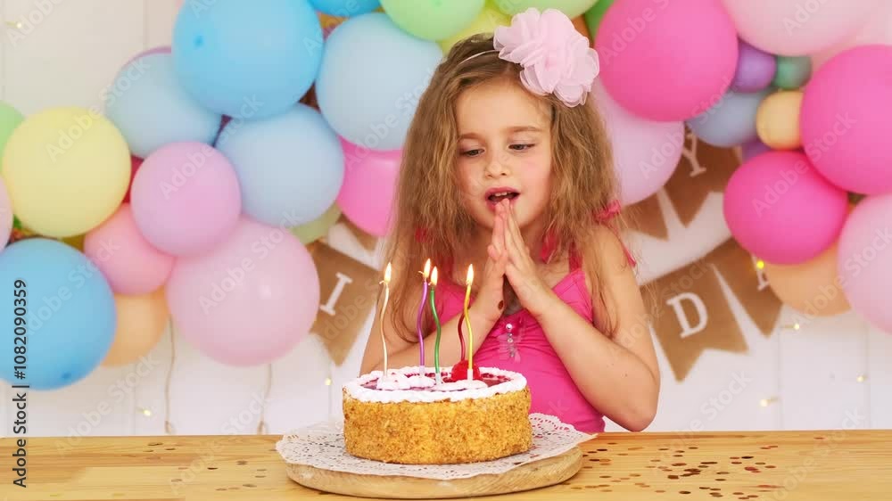 a child's birthday, a girl makes a wish and blows out the candles on the cake, a joyful and happy little child celebrates his birthday smiling and laughing a child's birthday, a girl makes a wish and blows out the candles on the cake, a joyful and happy little child celebrates his birthday smiling and laughing