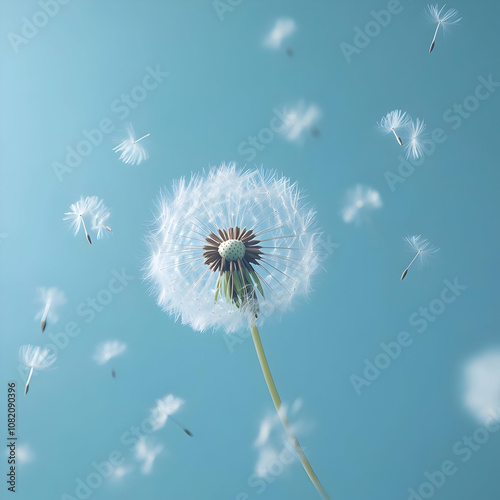 Dandelion Illustration - Seeds Blowing in the Wind on Blue Sky