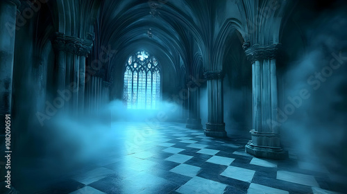 Illustration - Gothic Cathedral Interior with Checkered Floor and Fog