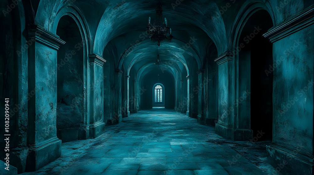Illustration Dark Hallway Arch Window Teal Light Columns Illustration Dark Hallway Arch Window Teal Light Columns