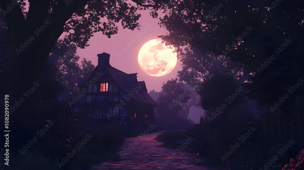 Fototapeta premium Illustration of Cozy Cottage Under Pink Moonlit Night