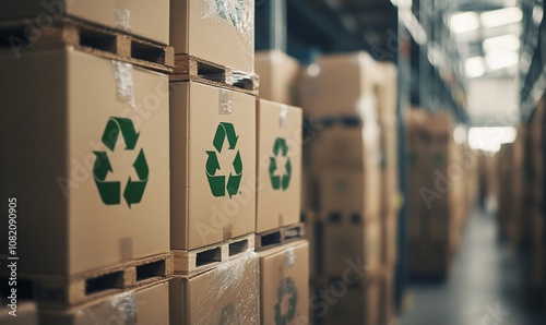 A row of cardboard boxes with recycle symbols stacked on pallets in a warehouse.