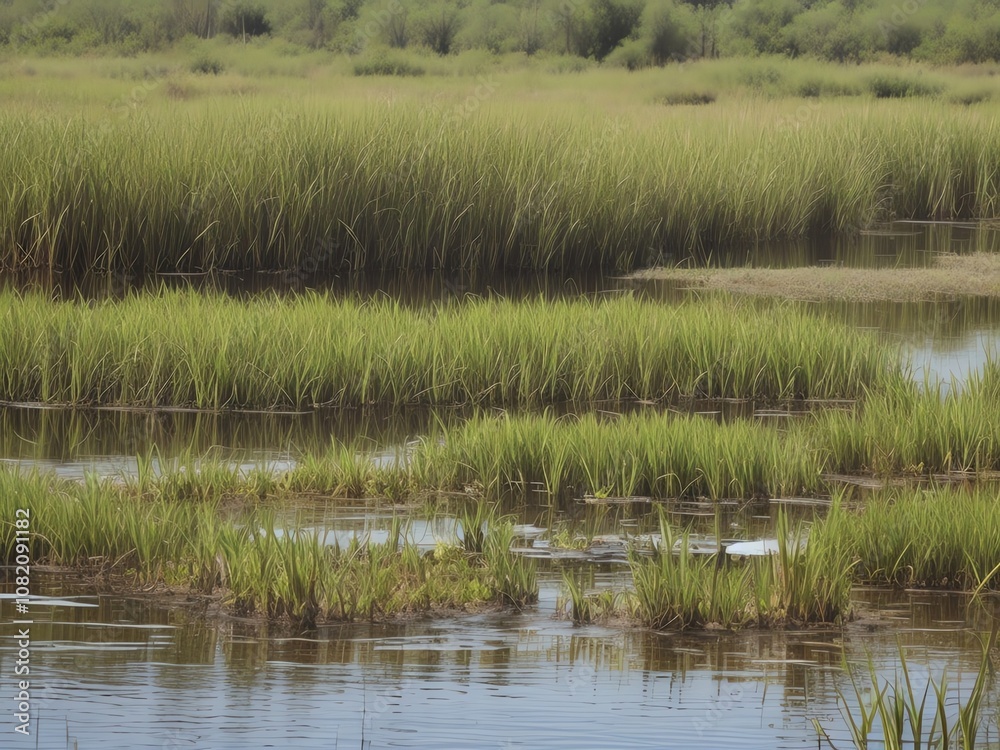 A still, shallow waterway, lined with tall, light-gray trees and bright green grass. Patches of white debris on the water's surface A still, shallow waterway, lined with tall, light-gray trees and bright green grass. Patches of white debris on the water's surface
