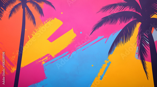 Vibrant and colorful 80s Miami Style Graffiti background with Palms and Copy Space.	