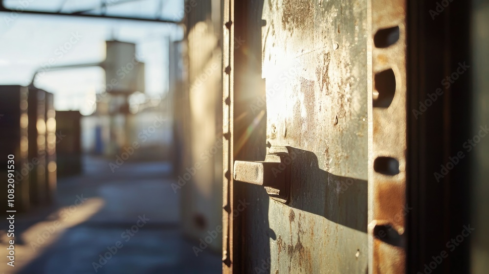 Side angle of a metal door frame slightly open, with sunlight hitting the frame, emphasizing durability. Side angle of a metal door frame slightly open, with sunlight hitting the frame, emphasizing durability.