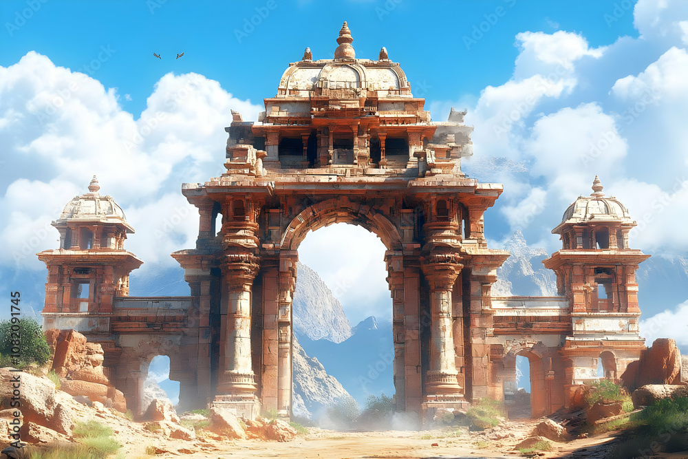 Obraz premium Illustration Ancient Archway Ruins Desert Landscape