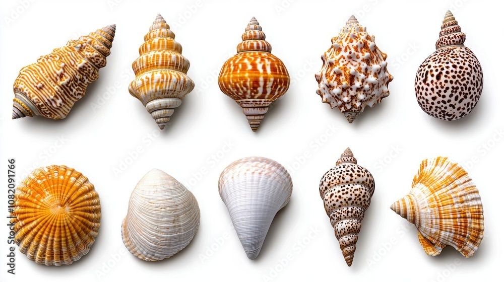 A photostock of seashells with intricate textures and patterns on isolated on transparent PNG background, High Quality. A photostock of seashells with intricate textures and patterns on isolated on transparent PNG background, High Quality.
