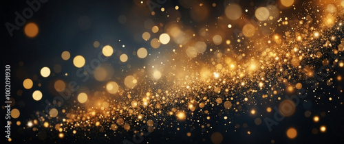 Silver and gold magic festive glitter lights against dark black background with bokeh blur effect. Vibrant decorative holiday Black Friday shiny header wallpaper mockup. 