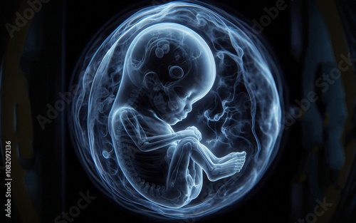 3D image of a human embryo in the womb. Before birth