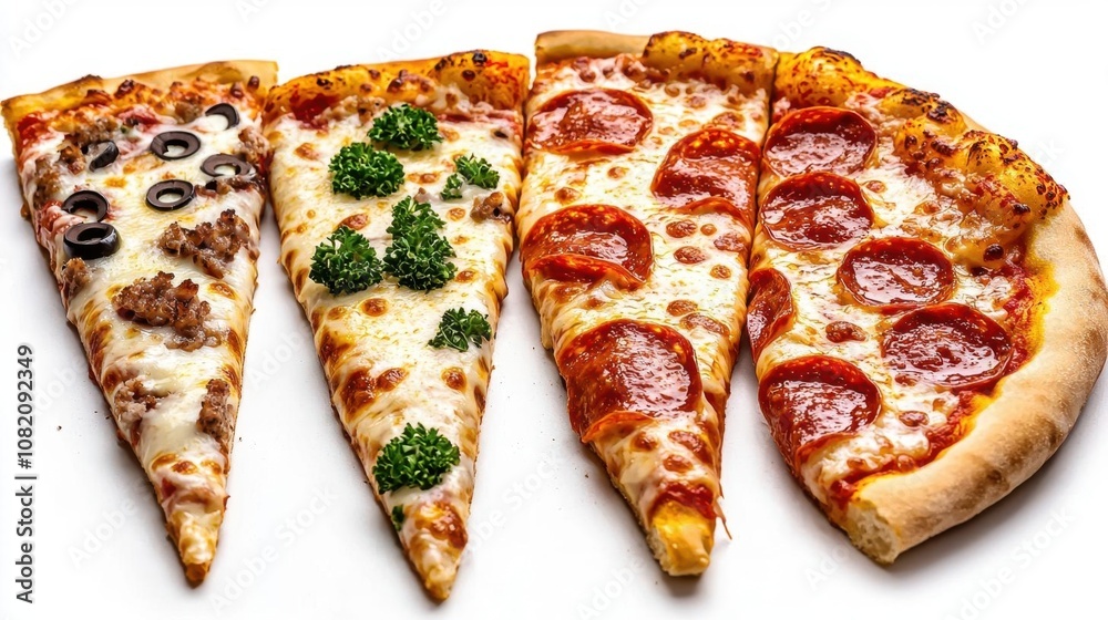A photostock of slices of pizza with various toppings arranged in a pattern on isolated on transparent PNG background, High Quality.