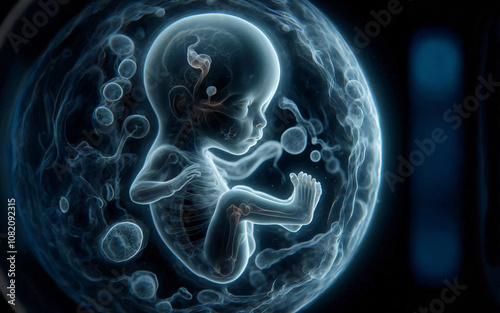 3D image of a human embryo in the womb. Before birth