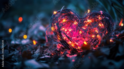 A Heart-Shaped Display of Twinkling Lights Surrounded by Nature, Creating a Magical and Enchanting Atmosphere of Love and Warmth in a Dark Environmnet photo