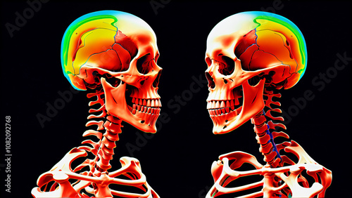 Detailed medical illustration of the human skeleton with X-ray effect, showcasing the anatomical structure of the skeletal system for medical research and educational materials