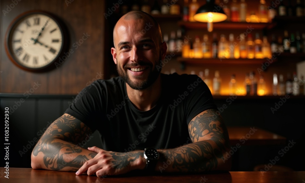 Friendly bartender with full sleeve tattoos smiling warmly in atmospheric pub setting. Classic wall clock and backlit bottles create inviting ambiance, highlighting modern hospitality professional Friendly bartender with full sleeve tattoos smiling warmly in atmospheric pub setting. Classic wall clock and backlit bottles create inviting ambiance, highlighting modern hospitality professional