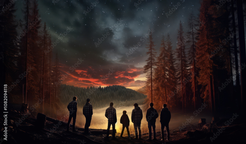 Fototapeta premium Silhouettes of people against a spectacular sunset with forest backdrop, creating a serene and adventurous atmosphere.