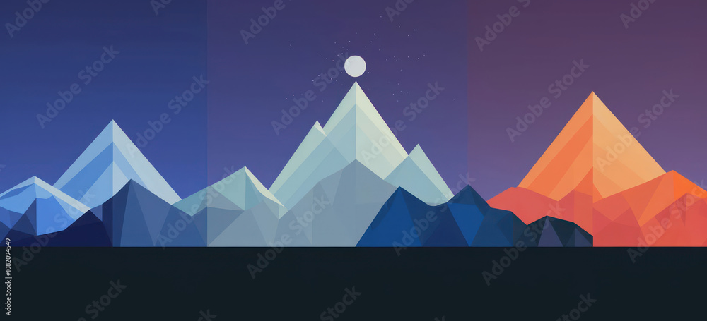 Stylized geometric mountain range with a gradient night sky and full moon, capturing the beauty of nature. Stylized geometric mountain range with a gradient night sky and full moon, capturing the beauty of nature.