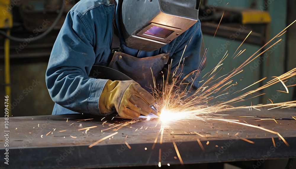 Welder at work. Industrial Welding Scene - Close-up of sparks flying as metal is welded. Suitable for marketing or business purposes Welder at work. Industrial Welding Scene - Close-up of sparks flying as metal is welded. Suitable for marketing or business purposes