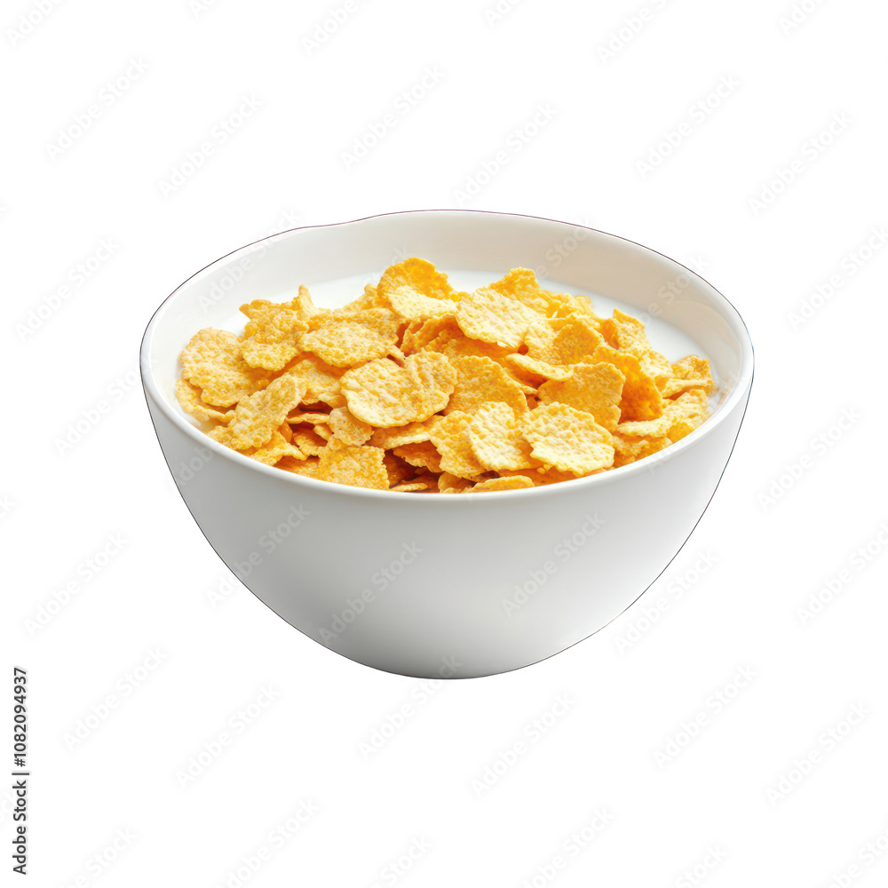 White bowl with corn flakes and milk isolated on transparent background White bowl with corn flakes and milk isolated on transparent background