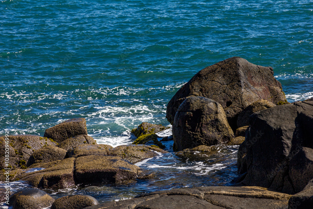 Large waves crash into coastal rocks. Dramatic sea shore background. Raglan, New Zealand Large waves crash into coastal rocks. Dramatic sea shore background. Raglan, New Zealand