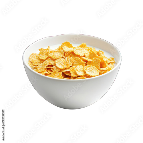 White bowl with corn flakes and milk isolated on transparent background