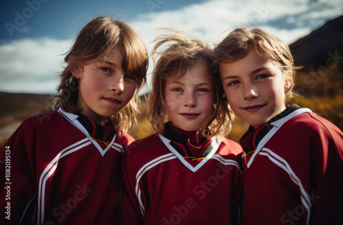 Three young athletes in red jerseys pose confidently outdoors, showcasing teamwork and camaraderie in a vibrant landscape. photo