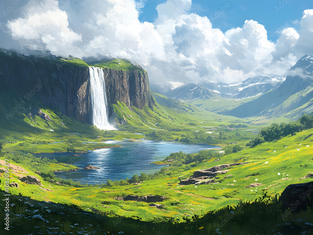 Fototapeta premium Illustration - Serene Waterfall Landscape Valley Nature Green Mountain Lake