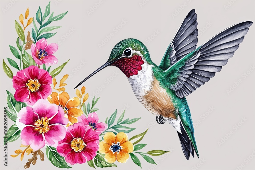 Fototapeta premium Spring Color Watercolor Hummingbird and Floral Artwork