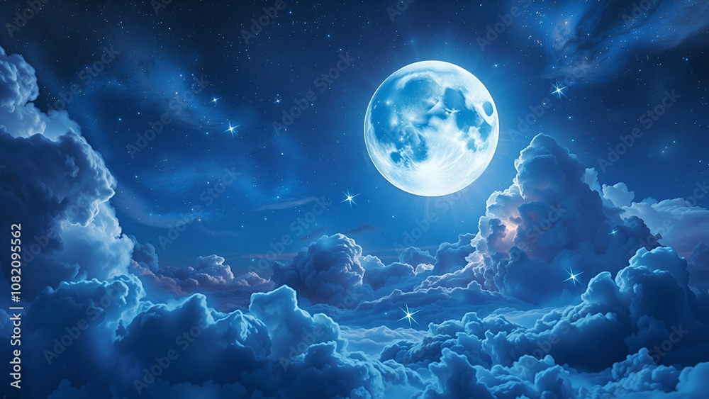 Beautiful magic blue night sky with clouds and full moon and stars Beautiful magic blue night sky with clouds and full moon and stars