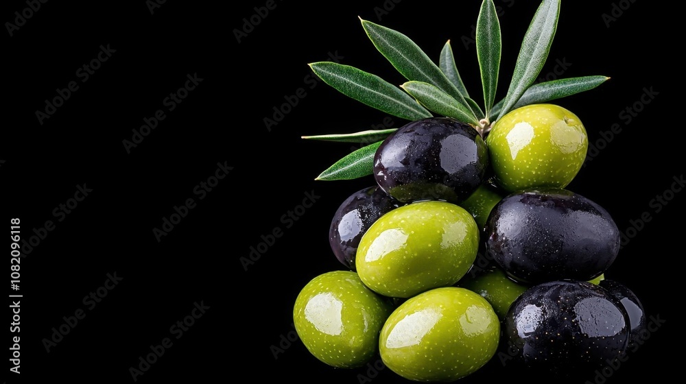 Obraz premium A photostock of various types of fresh olives, green and black, in a pile on isolated on transparent PNG background, High Quality.