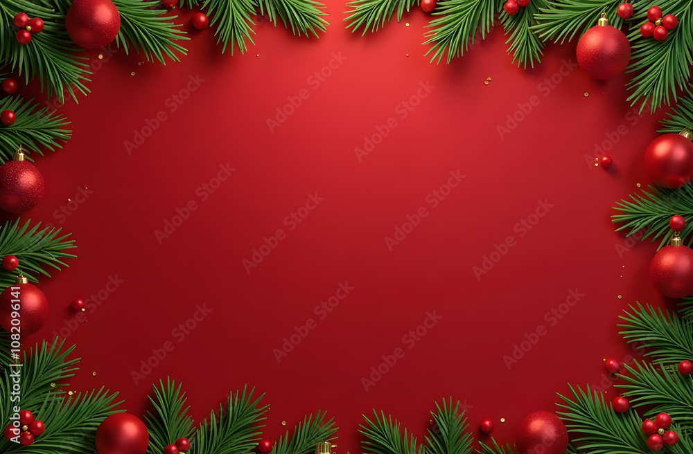 Border with green fir branches, gold lights and red berries isolated on red background. Christmas, holiday, New Year Border with green fir branches, gold lights and red berries isolated on red background. Christmas, holiday, New Year
