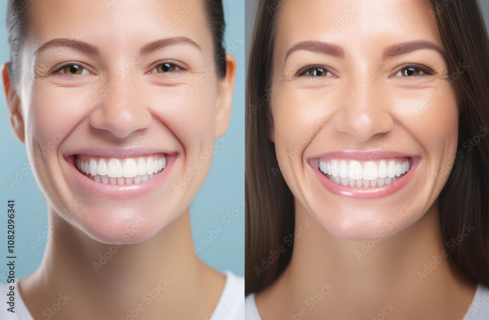 Two smiling women show off their bright, white teeth for dentist care teeth health Two smiling women show off their bright, white teeth for dentist care teeth health