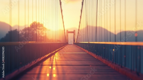 Suspension bridge deck close-up against a soft evening sky, with light reflecting off cables.